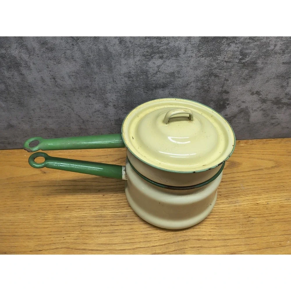 Vintage Enamelware Double‎ Boiler Cream Green Trim Circa 1930's - 40's Lid 3 Pcs